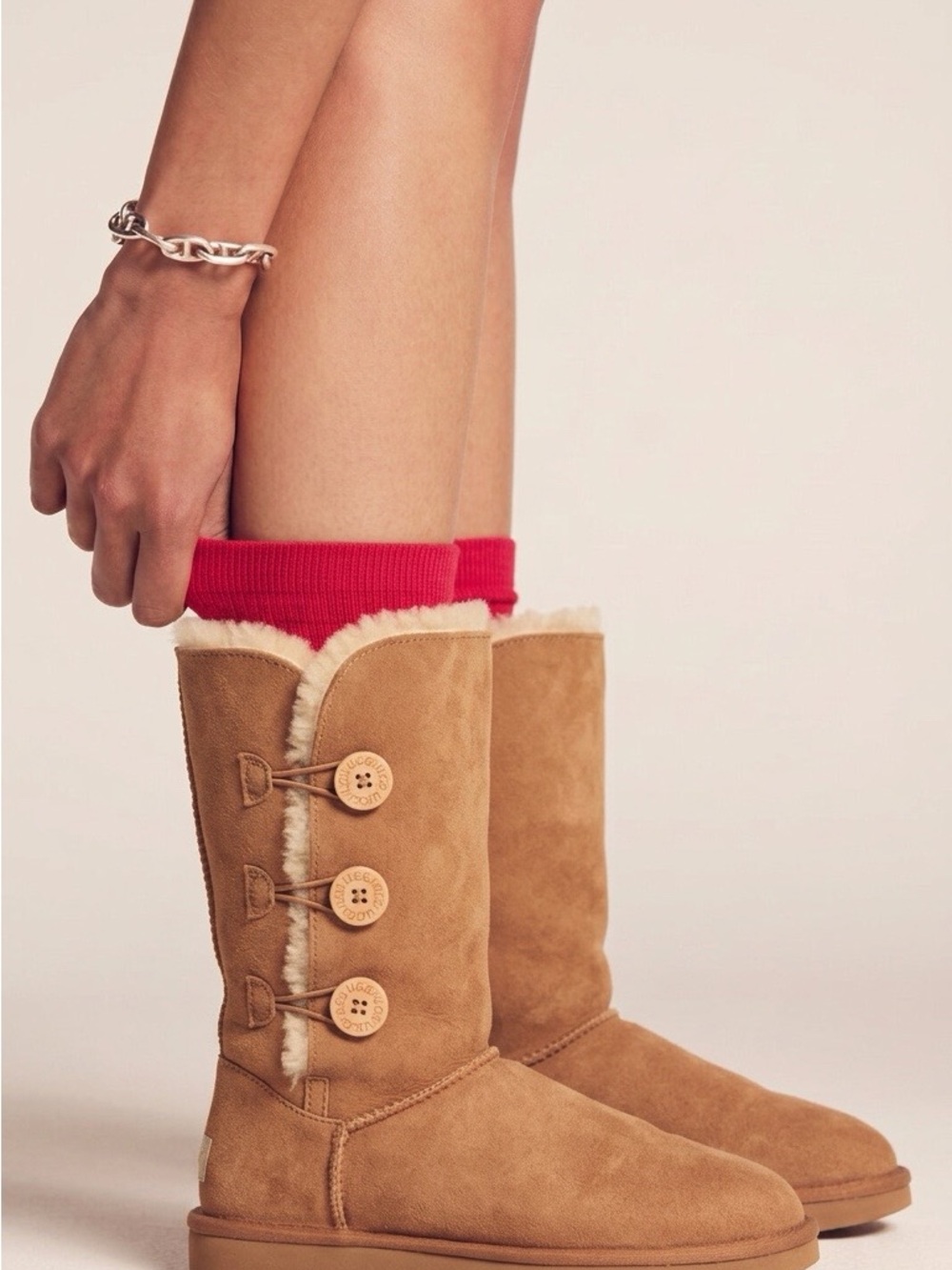 UGG Chestnut Suede Button-Accent Winter Boots with Cream Shearling